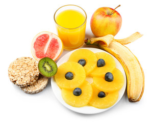 Fruits and juice isolated on white. Healthy eating concept.