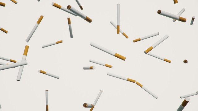 Looping cigarettes floating in space against a white background.