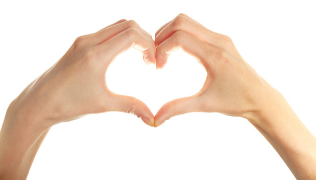 Heart shaped human hands isolated on white background