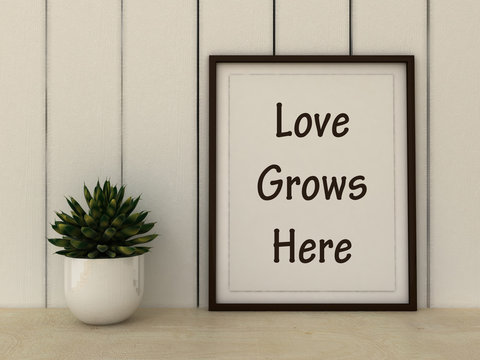 Motivation words Love Grows here. Family, Happiness, Home, Love concept. Inspirational quote.Home decor wall art. Scandinavian style home interior decoration