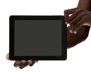 Male hands with tablet isolated on white background, close up