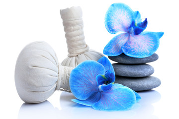 Beautiful blue orchid with pile of pebbles and massage balls isolated on white background