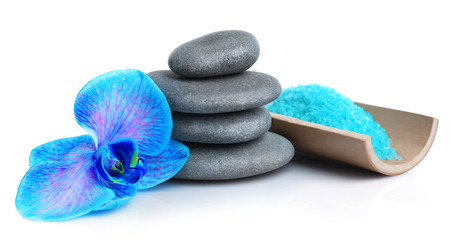Obraz na płótnie Canvas Beautiful blue orchid with pile of pebbles and sea salt isolated on white background