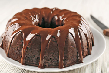Round cake on plate closeup
