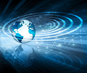Best Internet Concept of global business. Globe, glowing lines on technological background. Electronics, Wi-Fi, rays, symbols Internet, television, mobile and satellite communications