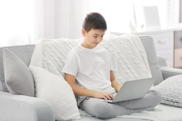 Naklejka premium Chłopiec za pomocą laptopa na kanapie w domu