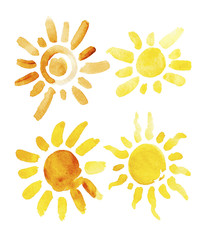 Hand drawn set of different suns isolated. Vector illustration. Elements for design. Watercolor