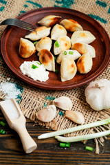 Ukrainian and china national cuisine , fried dumplings with meat or potatoes with sour cream or mayonnaise , green onions, garlic , pepper and spices on a wooden background