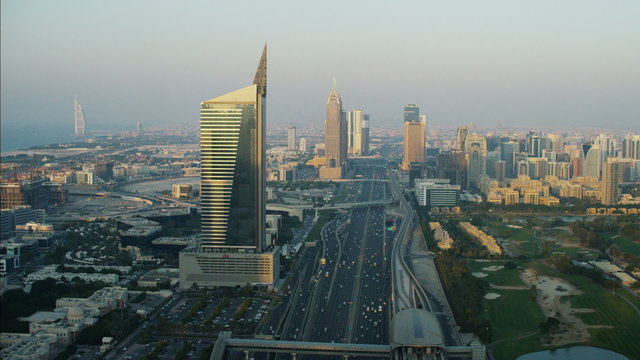 Aerial Dubai Skyscrapers Media city Sheikh Zayed Road UAE