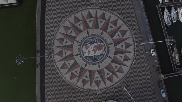Top View of the Mosaic World Map showing the discoveries and routes in 15th 16th centuries at Monument of the Discoveries, Lisbon, Portugal