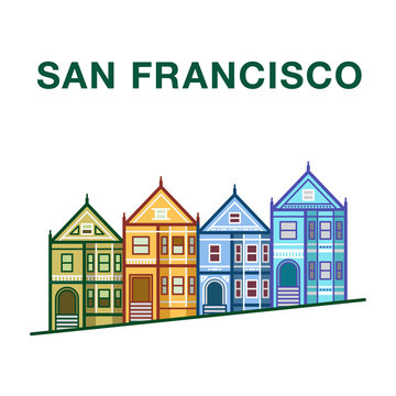 Colorful San Francisco street illustration with victorian houses made in line art style
