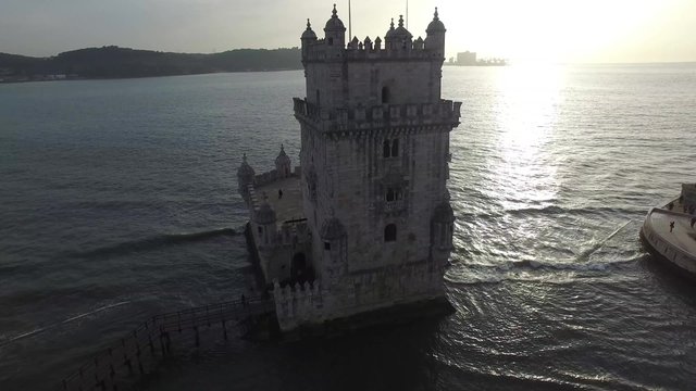 Aerial view of Belem Tower - Torre de Belem - in Lisbon, Portugal