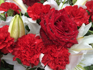 Obraz premium Beautiful pretty floral tribute of red roses, carnations and white lilies. With rain or dew drops on the petals. 