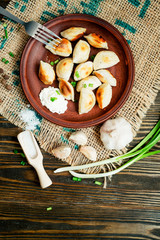 Ukrainian and china national cuisine , fried dumplings with meat or potatoes with sour cream or mayonnaise , green onions, garlic , pepper and spices on a wooden background