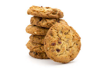 Oatmeal cookies with cranberries on a white background.