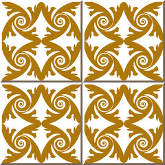 Vintage seamless wall tiles of gold feather spiral. Moroccan, Portuguese.
