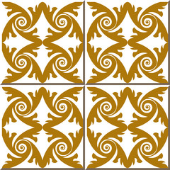 Vintage seamless wall tiles of gold feather spiral. Moroccan, Portuguese.

