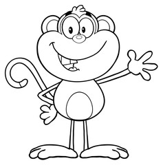 Black and White Monkey Cartoon Character Waving For Greeting