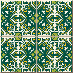 Vintage seamless wall tiles of green leaf spiral. Moroccan, Portuguese.
