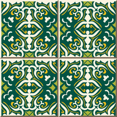 Vintage seamless wall tiles of green leaf spiral. Moroccan, Portuguese.
