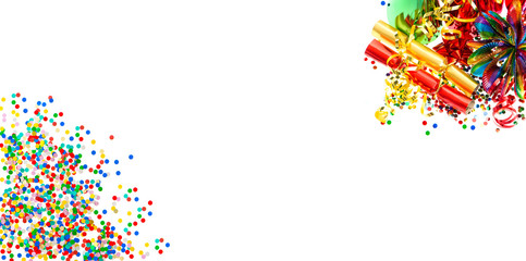 Holidays banner. Garlands, serpentine and confetti