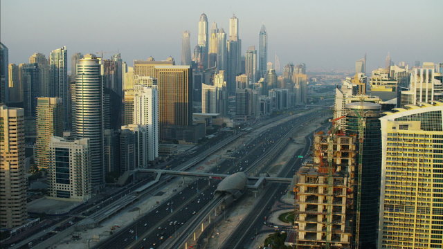 Aerial Dubai Sheikh Zayed Road traffic Dubai Metro Rail UAE 