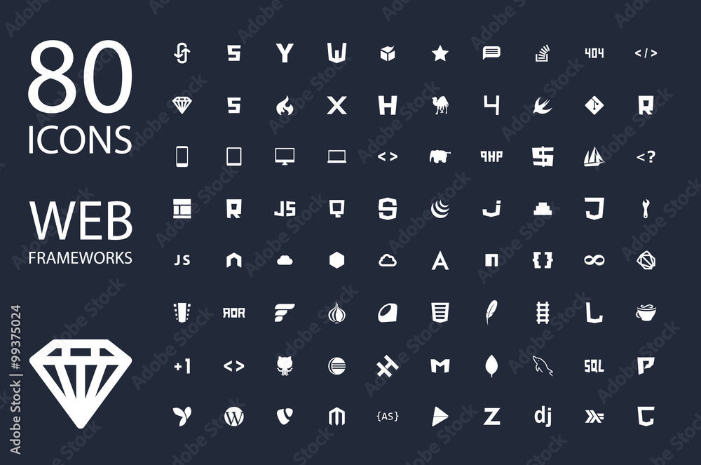 Poster web development framework icon set vector illustration