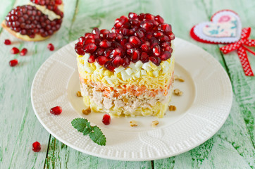 Layered salad from vegetables on the holiday table. Wedding day.