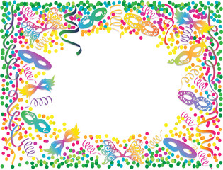 Carnival masks and confetti and serpentine colorful frame