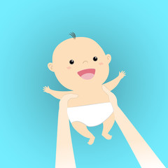 holding cute cartoon baby in hands over head