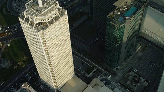 Aerial overhead Skyscraper Sheikh Zayed Road Dubai UAE 