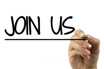 Woman hand writing Join Us with black pen