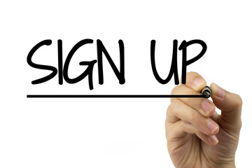 Woman hand writing Sign Up with black pen