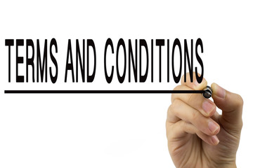 Terms and Conditions - Female hand with pen writing text on white background