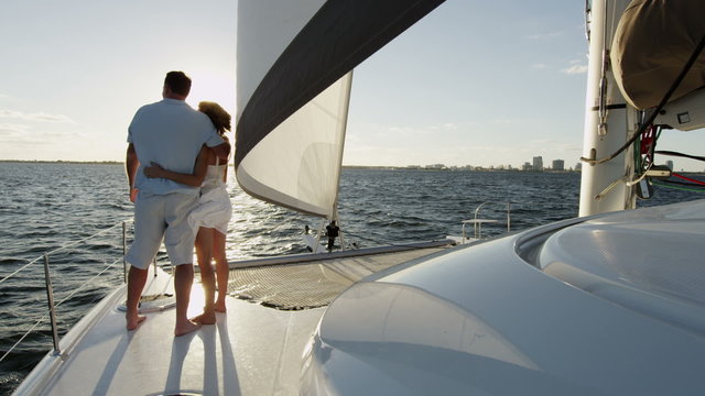Healthy Caucasian Couple Outdoor Living Steering Wind Power Luxury Yacht
