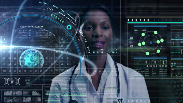 African American female scientist motion graphics touchscreen technology medical
