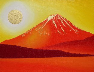 河口湖大石から金の太陽の赤富士
