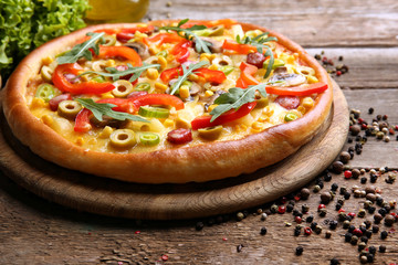 Delicious pizza with vegetables, close-up