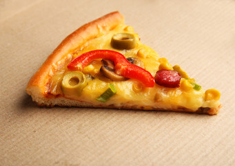 Slice of delicious pizza on cardboard