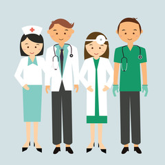 Obraz premium medical team doctor nurse group worker standing together man woman mae female cartoon character vector illustration