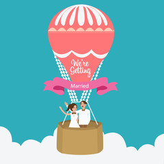 couple we are married flying hot air balloon vector flat illustration romantic