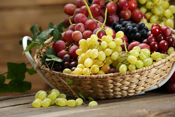 Grape in basket on wooden table
