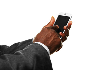 Businessman using smart phone, isolated on white