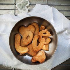 Cookies in form of Letter Love. Gingersnap with Handmade Tea Bag