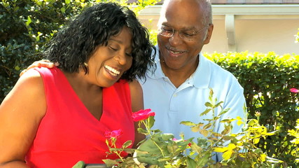 senior retired African American male female couple gardening healthcare lifestyle