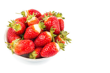 Plateful of freshly harvested organic strawberries with white background