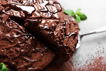 Sliced chocolate pie with mint on cutting board
