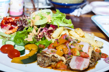 Barbecued Pork with Grilled Vegetables and fruit
