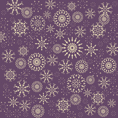 Christmas snowflake pattern. Winter theme texture. Gold silhouettes on lilac background. Vector illustration.