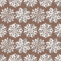 Origami snowflake seamless pattern. Christmas, New Year texture. Paper cut out white signs on light brown, beige background. Vector